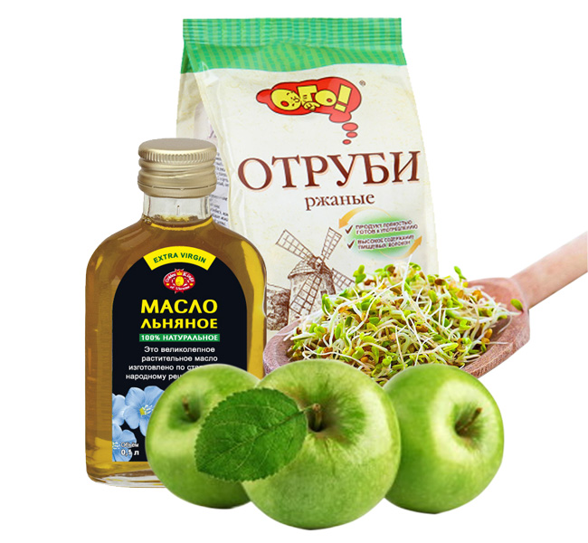 Оливковое или льняное масло, отруби, зеленые яблоки, пророщенные зерна, помогут облегчить состояние пациенту